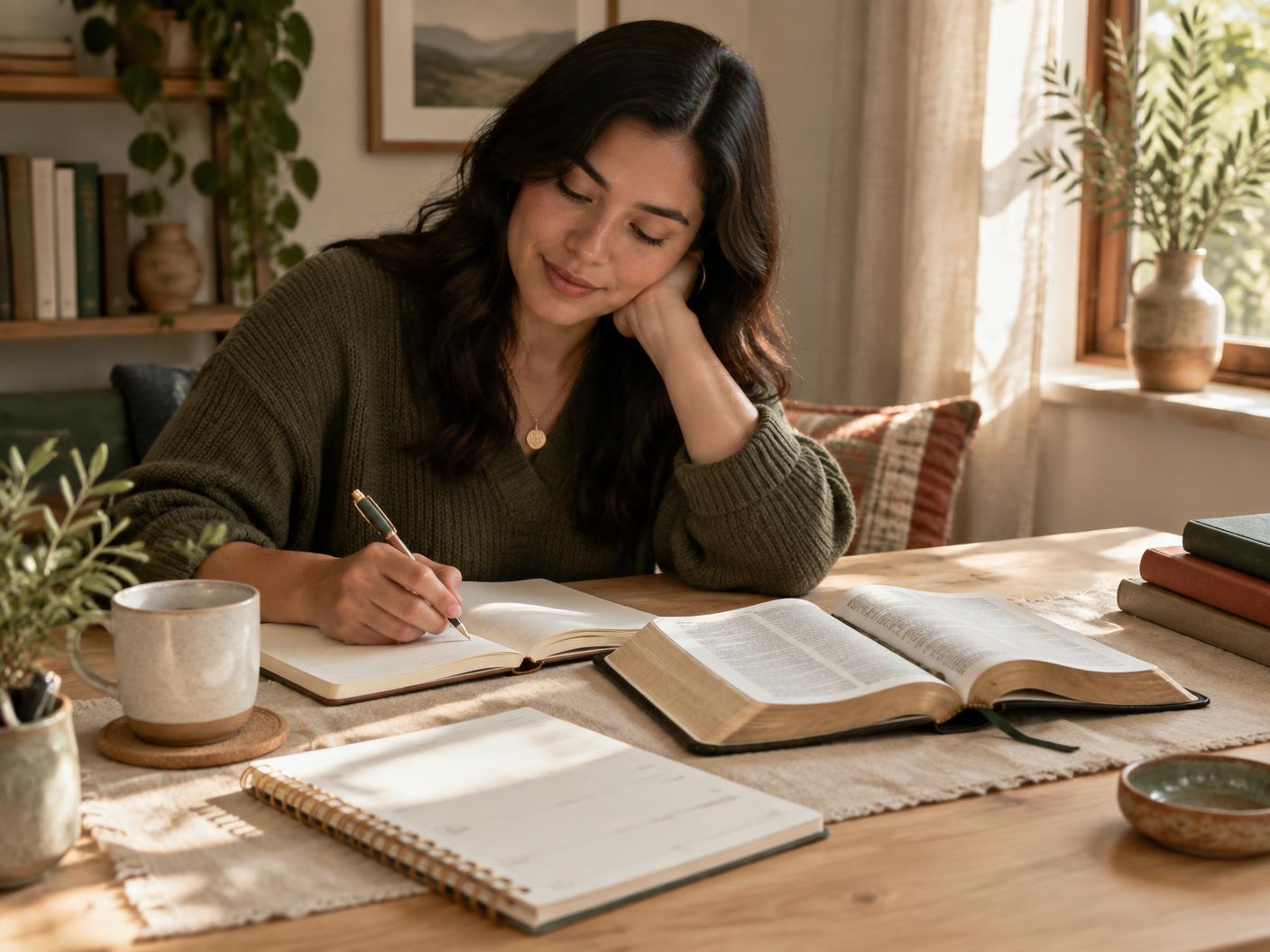 Mujer reflexionando y escribiendo junto a su Biblia